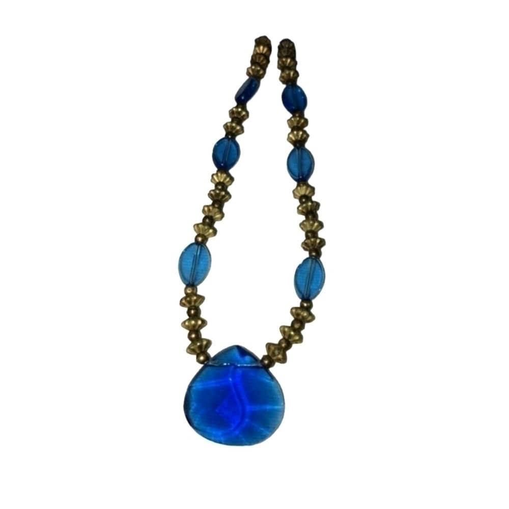 Blue and gold statement necklace 12 inches long